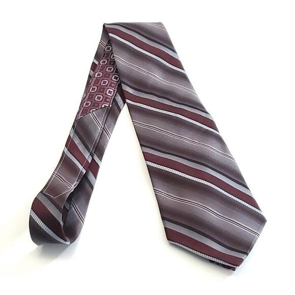 Pronto Uomo Maroon Gray Woven Striped Wide Silk Tie - Picture 6 of 6